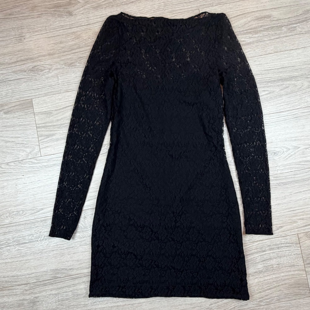 Abercrombie &‎ Fitch Black Lace Slit Neck Long Sleeve Mini Dress Size Medium T